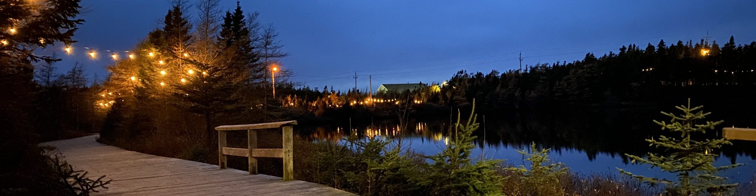 The boardwalk by Powers Pond, Mount Pearl, NL at night, lit by string lights.